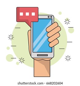 color background with left hand holding smartphone with text dialogue in red