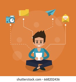 color background of man sitting with tablet device and computer icons apps on top