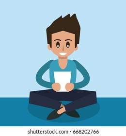 color background of man sitting with tablet device in front view