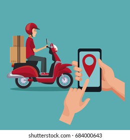 color background with man worker in scooter and smartphone location