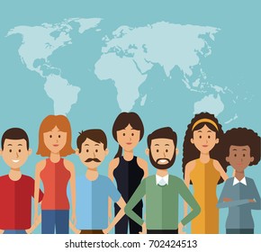 color background with map silhouette of the world with half body group people