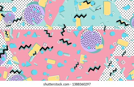 Color background. Memphis style. Funky abstract pattern. Geometric elements. Vector Illustration.