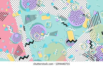 Color background. Memphis style. Funky abstract pattern. Geometric elements. Vector Illustration.