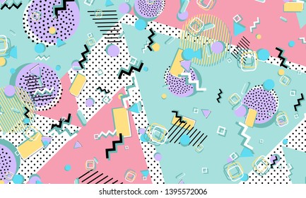 Color background. Memphis style. Funky abstract pattern. Geometric elements. Vector Illustration.