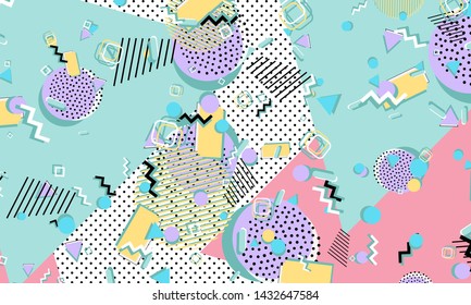 Color background. Memphis style. Funky abstract pattern. Geometric elements. Vector Illustration.