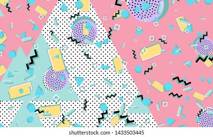 Color background. Memphis style. Funky abstract pattern. Geometric elements. Vector Illustration.