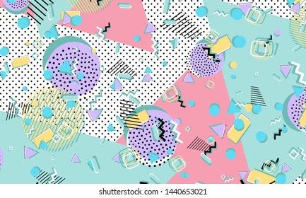 Color background. Memphis style. Funky abstract pattern. Geometric elements. Vector Illustration.