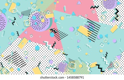 Color background. Memphis style. Funky abstract pattern. Geometric elements. Vector Illustration.