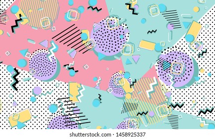 Color background. Memphis style. Funky abstract pattern. Geometric elements. Vector Illustration.