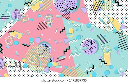 Color background. Memphis style. Funky abstract pattern. Geometric elements. Vector Illustration.