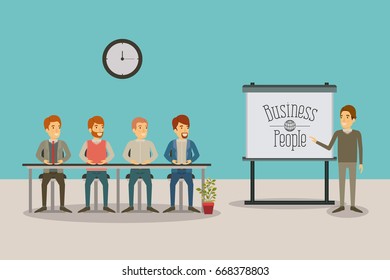 color background men group sitting in a desk for executive male in presentacion business people vector illustration