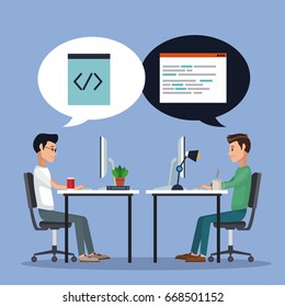 color background men worker in desk with computer and icons programming codes in dialog box