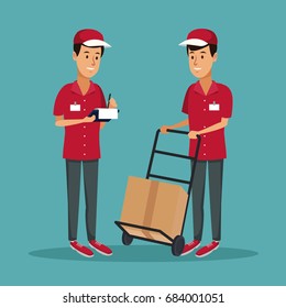 color background with men worker with hand truck packages and orders