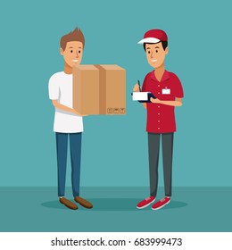 color background with men worker with packages and order to customer fast delivery