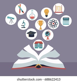 color background with open book with elements school icons floating