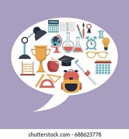 color background with oval dialog box with set school elements icons inside