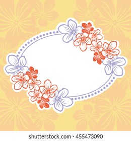Color background and oval frame with abstract flowers silhouettes. Vector clip art.