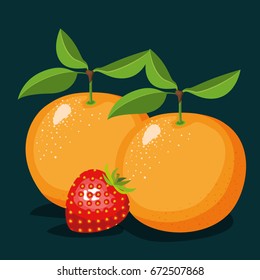 color background of pair of oranges and one strawberry fruits vector illustration