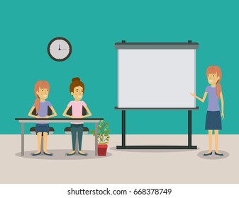 color background pair of women sitting in a desk for female executive lecturer in presentacion business people vector illustration