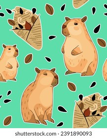 Color background, a pattern with a capybara animal. Cute character with nuts and seeds. Fashionable seamless print