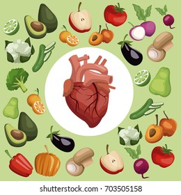 color background with pattern vegetables and fruits healthy food set with circular frame heart organ in center