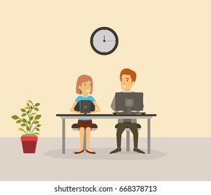 color background with person in yor job sitting in desk with tech devices business people vector illustration