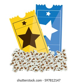 color background with popcorn and movie tickets vector illustration
