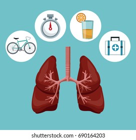 color background with respiratory system with icons of heath elements around