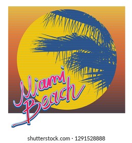 color background in retro style of the 80s. silhouette of a palm tree against the evening sun and sky. pink handwritten inscription " Miami beach"
