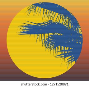 color background in retro style of the 80s. silhouette of a palm tree against the evening sun and sky