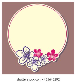 Color background and round frame with abstract flowers silhouettes. Vector clip art.