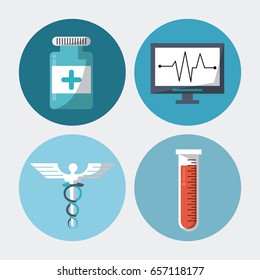 color background with round frames with medical elements pills test tube caduceus symbol and pulse monitor