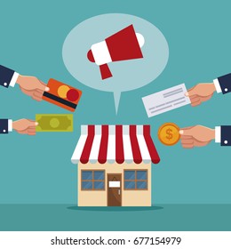 color background scene of store with megaphone in dialog box and hands with items for payment