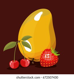 color background of set cherries with mango and strawberry fruits vector illustration