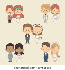 color background of set full body couple bride and groom in wedding suits