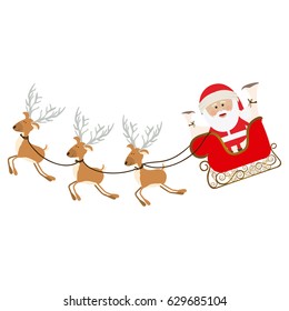 color background with set of funny reindeers and santa claus in sleigh