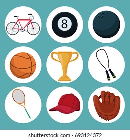 color background with set icons in circular frame of elements sport