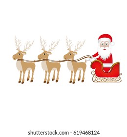 color background with set of three reindeers and santa claus in sleigh vector illustration