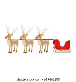 color background with set of three reindeers and sleigh vector illustration