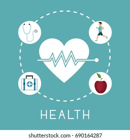 color background with silhouette heartbeat with icons in circular frame of healthy elements around