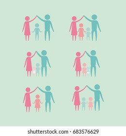 color background with silhouette set pictogram generations couple parents and childrens vector illustration