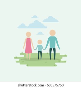 color background sky landscape and grass with silhouette set pictogram couple holding hands of boy vector illustration
