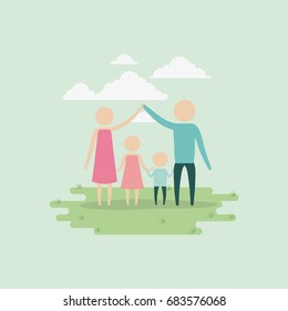 color background sky landscape and grass with silhouette set pictogram parents holding hands of children vector illustration