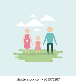 color background sky landscape and grass with silhouette set pictogram woman pregnancy and man holding hands of girl vector illustration