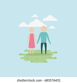 color background sky landscape and grass with silhouette set pictogram couple holding hands vector illustration