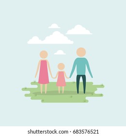 color background sky landscape and grass with silhouette set pictogram couple holding hands of girl vector illustration