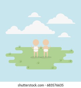 color background sky landscape and grass with silhouette set pictogram couple little babys vector illustration