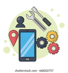 color background with smartphone and apps and tools and chat