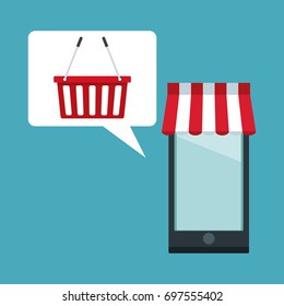 color background with smartphone with awning and textbox with basket shopping