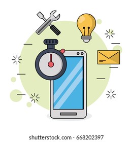 color background with smartphone and watch timer in closeup with tools icons and light bulb and mail